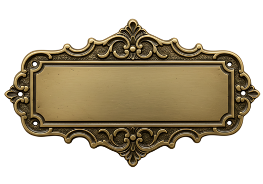 An ornate, vintage brass nameplate with a blank rectangular space, surrounded by detailed decorative flourishes and a Transparent background.