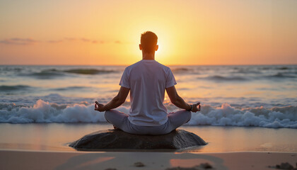 Man meditating on beach at sunset with ocean waves in background  