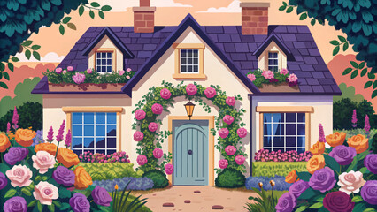 charming English cottage garden featuring blooming roses, ivy-covered walls, and lush greenery vector ideal for countryside, floral, or romantic design themes