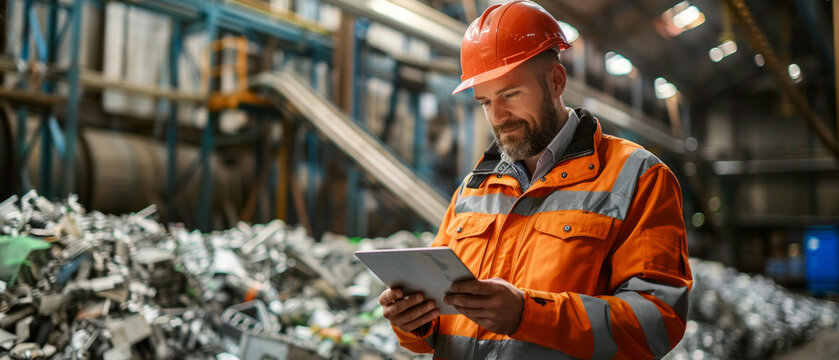 Worker in orange overalls and helmet using a clipboard against scrap metal. Applicable for topics related to industrial safety and recycling.