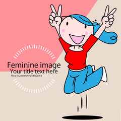 可愛い女性のちびキャラがジャンプのポーズ