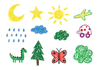 Childhood Whimsy: A vibrant collection of childish drawings, exuding a charming innocence, features a radiant sun, a smiling moon, and an array of other cheerful objects.