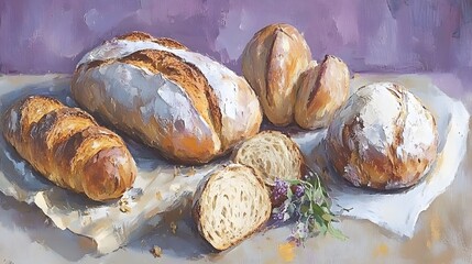 Still Life Painting of Crusty Artisan Breads