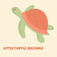 Cute cartoon turtle with the phrase “Little turtle, big smile” on a light yellow background. Smiling green turtle with a yellow shell. Underwater life. Fun and playful design for kids, cards, stickers