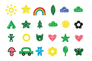 Playful Elements: A vibrant collection of whimsical, hand-drawn icons and symbols, bursting with color and personality, perfect for adding a touch of fun to any project.