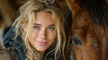 Young woman smiling next to a beautiful horse in a rustic barn during a sunny afternoon
