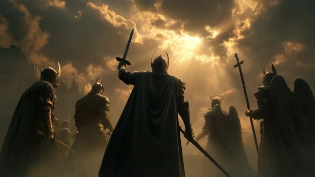 Photorealistic depiction of ethereal knights in armor standing in reverence and raising their swords, illuminated by divine light, evoking a sense of hope and transcendence. 