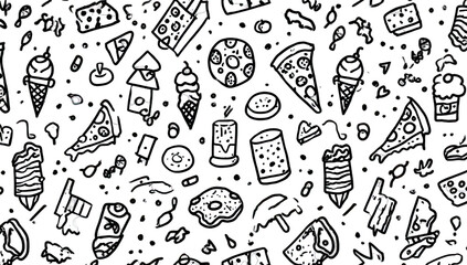Black and white doodle pattern of various food items