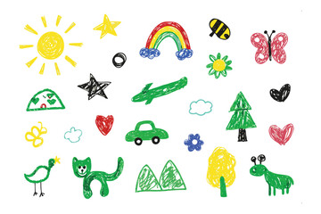 Obraz premium Whimsical Doodle Delight: A collection of charming, childlike doodles and hand-drawn illustrations. Featuring a cheerful sun, stars, rainbows, cute insects, flowers, trees, heart, car.