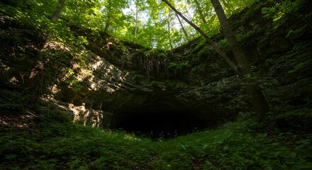 Fototapeta premium Cave entrance emerges from the lush forest floor, revealing a mysterious dark opening nestled within the rocky limestone hills.