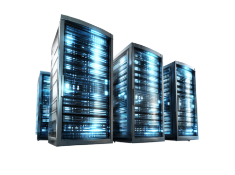 Illuminated data center servers network technology, Isolated On Transparent Background
