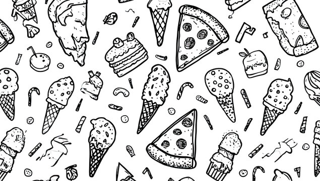 Black and white doodle food pattern - Powered by Adobe