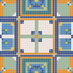 Colorful mosaic tiles creating geometric seamless pattern with interconnected squares, rectangles in blue, orange, yellow, green, white palette