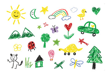 Fototapeta premium Childlike Wonders: A cheerful collection of colorful drawings, brimming with whimsical charm, evoke the joyful creativity of childhood and simple happiness.