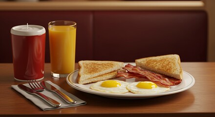 Sunny-side up eggs, crispy bacon, and toast: the perfect diner breakfast.