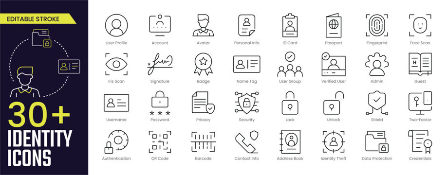 Identity Stroke icon collections. Containing User Profile, Account, Avatar, Personal Info, ID Card, Passport, Admin, Password, and User Settings icons. Editable Stroke icon collection Outline icon