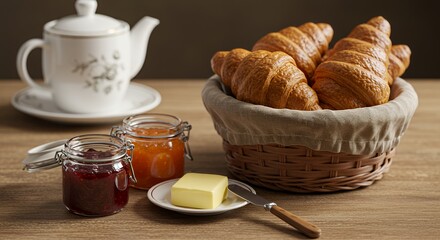 Rustic Breakfast Scene: Croissants, Jam, and Tea Await
