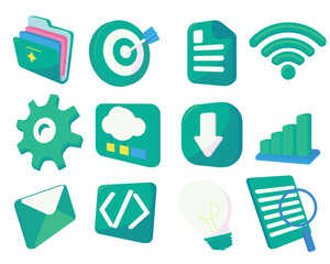 Set of 12 business vector icons in dark cyan color with a cute, flat style. Ideal for infographics, UI/UX design, web apps, and corporate presentations with a modern and minimal look.