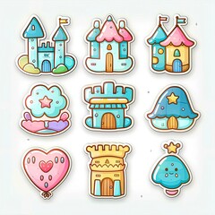 Kawaii Castle Sticker Set, Pastel Cartoon Icons with Bold Outline, Cute Doodle Vector for Kids Stationery and Scrapbooking, White Background