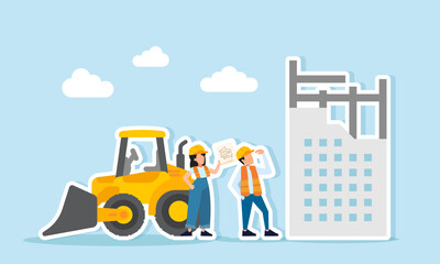 Naklejka premium Two engineers discussing project plan paper between building construction and heavy equipment illustration of supervising construction and equipment operator work