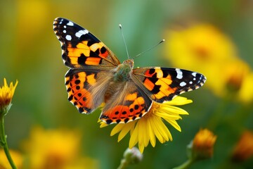 A colorful butterfly with striking patterns is perched on a radiant yellow flower, blending beautifully with the vibrant green background. Nature showcases its beauty in this serene moment