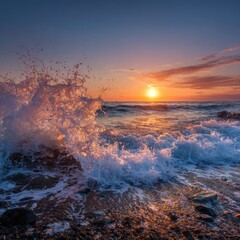 The sun sets, casting a golden glow over the ocean waves