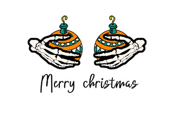 Illustration of two skeleton hands holding a Christmas ornament are Christmas Sublimation Design isolated on transparent background