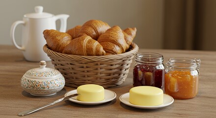 Golden croissants and sweet spreads await a delightful breakfast.
