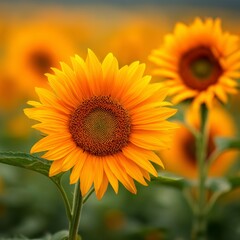 Fototapeta premium Vibrant sunflowers in a field, illuminated by the sun. The bright yellow petals and brown center create a striking image