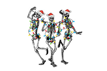 Illustration of three skeletons dance joyfully, adorned with colorful christmas lights, isolated on transparent background