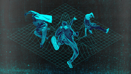 Neighborhood rhythms. Group of dancers in brutalist neon abstraction representing collective rhythm. Concept of virtual reality entertainment and advanced digital choreography.