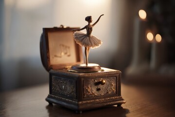 This vintage music box showcases a delicate ballerina figurine that spins gracefully under soft light, creating a serene and nostalgic atmosphere