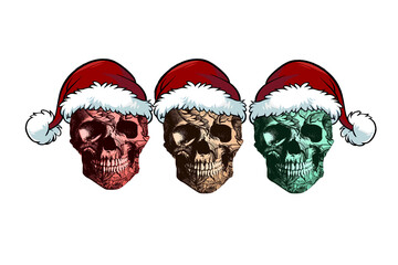 Illustration of three skulls in santa hats with floral patterns, isolated on transparent background