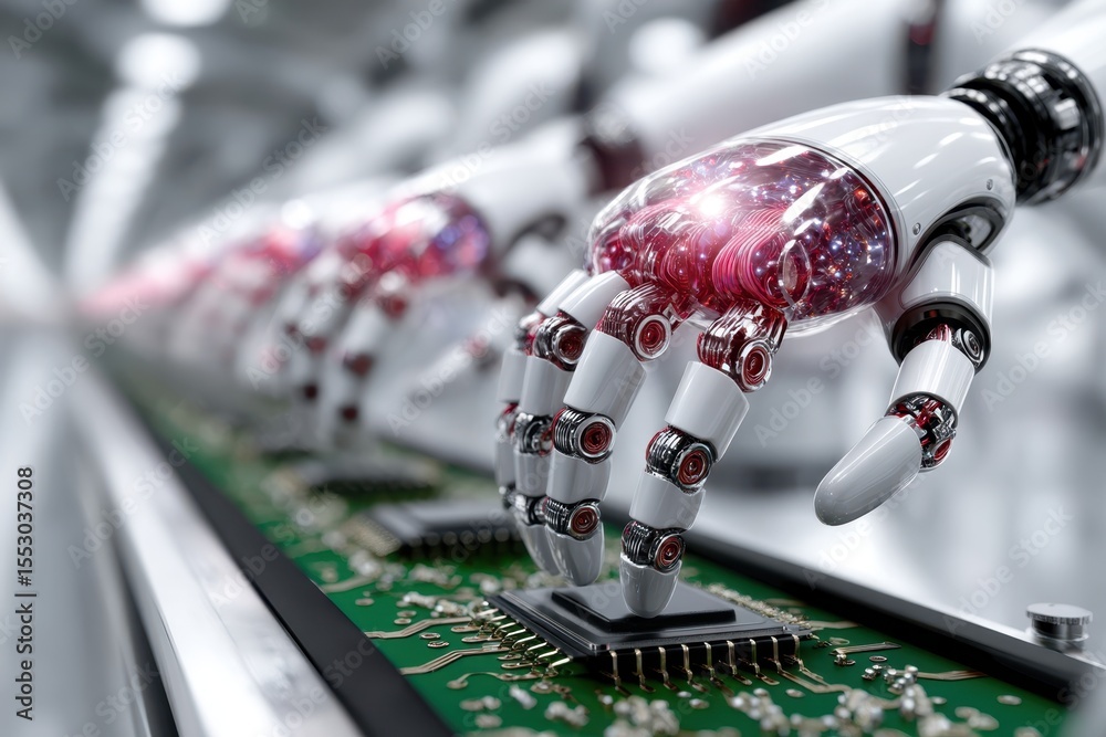 Poster robotics in advanced assembly line with robotic hands working on circuit boards