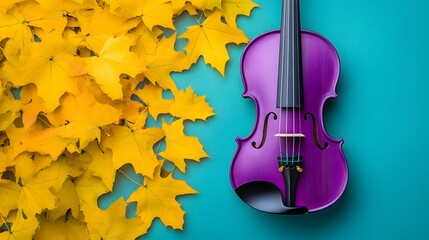 Purple Violin and Autumn Leaves on Teal Background
