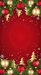 Red Christmas Background Gold Ornaments Pine Branches Snowflakes 1