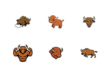 set of Cute cartoon bison mascot vector art, vector style, retro color  © Nila