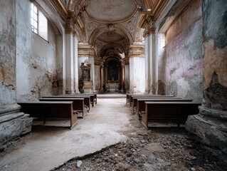 Empty and run down old church with pews