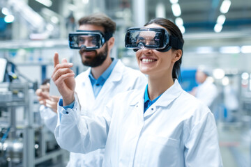 Scientists in lab coats use virtual reality headsets in a modern industrial or research facility, exploring innovative technology and digital solutions.