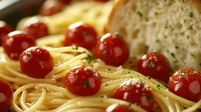 This appetizing dish features spaghetti with garlic bread, topped with fresh cherry tomatoes.