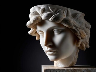 Statue of a woman's head with a leafy crown on top