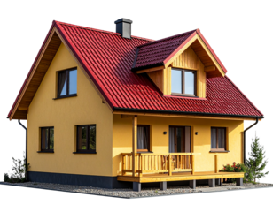 Side Angle of Modern Yellow Cottage with Red Roof and Porch isolated on transparent background PNG