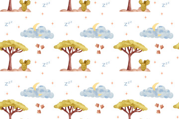Watercolor Desert Night Pattern: Trees, Cacti, Clouds, Moon, and Hearts on a Soft Light Beige Background – Ideal for Kids' Room Decor