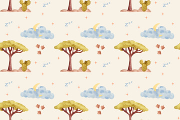 Watercolor Desert Dream Pattern: Trees, Cacti, Clouds, Moon, and Hearts on a Soft Light Beige Background – Ideal for Children's Sleepwear