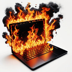 laptop computer on fire, burning