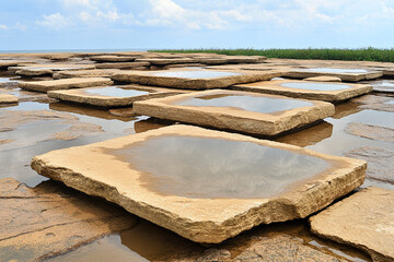 Exploring rocky tidal pools along the ocean shore at low tide