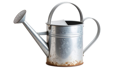 A weathered metal watering can against a white backdrop, ideal for gardening fans isolated on transparent background