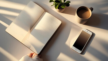 Flat Lay of Workspace with Coffee and Notebook, Minimal Creative Office Setup on Wooden Desk, Top View of Modern Productivity Desk