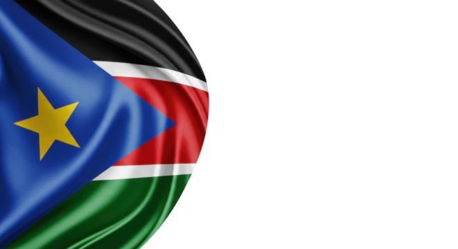 South Sudanese flag draped on a white background.