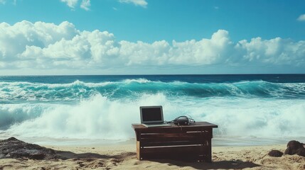 Laptop and Headphones on Beach Desk with Crashing Waves and Cloudy Sky